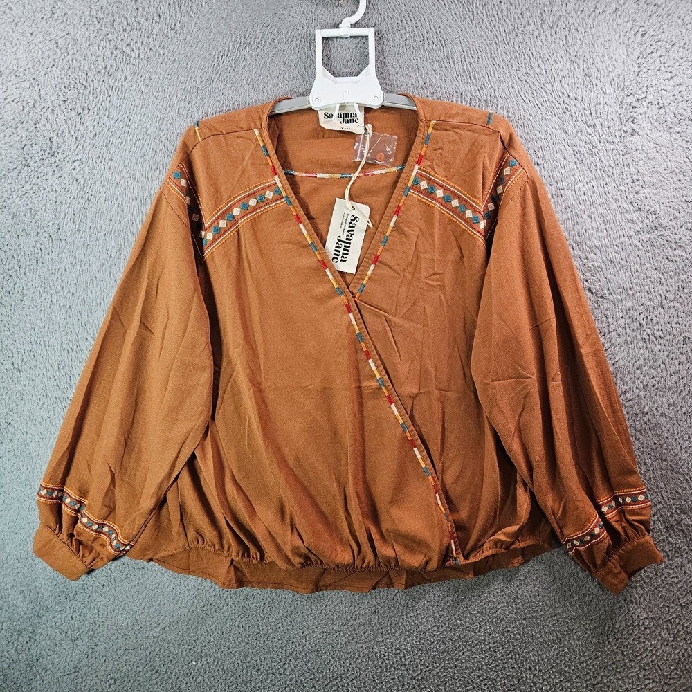 NEW Savanna Jane Wrap Top‎ Women 1X Embroidered Long Sleeve Red Brown Tone